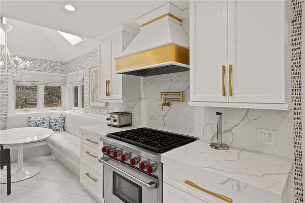 Interior, Kitchen, Marble, Marble Walls, Recessed Lighting, Stainless Steel Appliances
