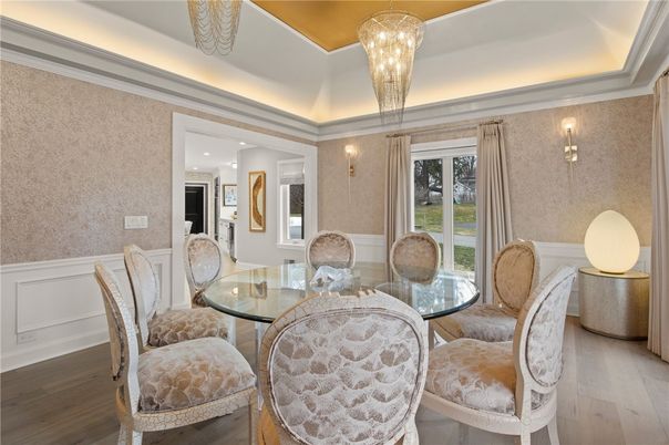 Chandelier, Dining room, Interior, Wood Texture Flooring