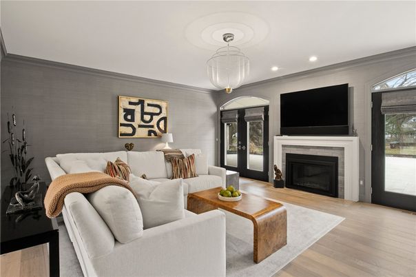 Fireplace, Interior, Living room, Recessed Lighting, Wood Texture Flooring