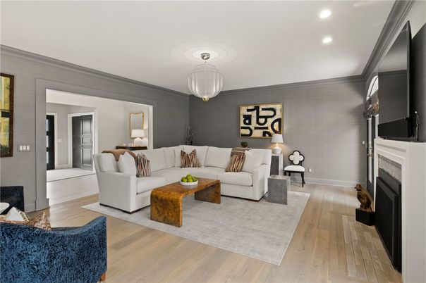 Fireplace, Interior, Living room, Pendant Lights, Recessed Lighting, Wood Texture Flooring