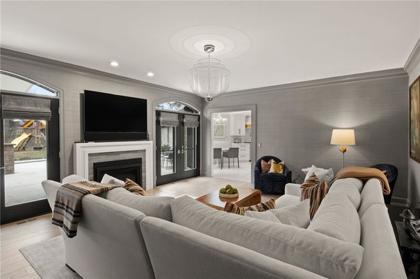 Fireplace, Interior, Living room, Pendant Lights, Recessed Lighting, Wood Texture Flooring
