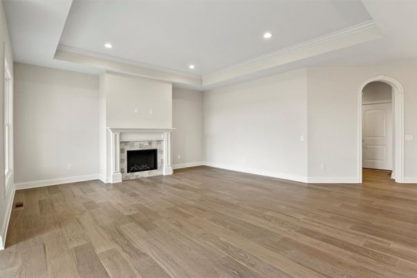 Empty room, Fireplace, Interior, Recessed Lighting, Wood Texture Flooring