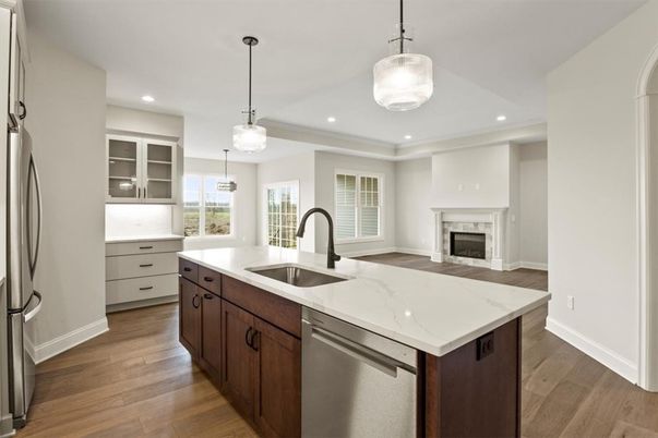 Fireplace, Interior, Kitchen, Pendant Lights, Recessed Lighting, Stainless Steel Appliances, Wood Texture Flooring