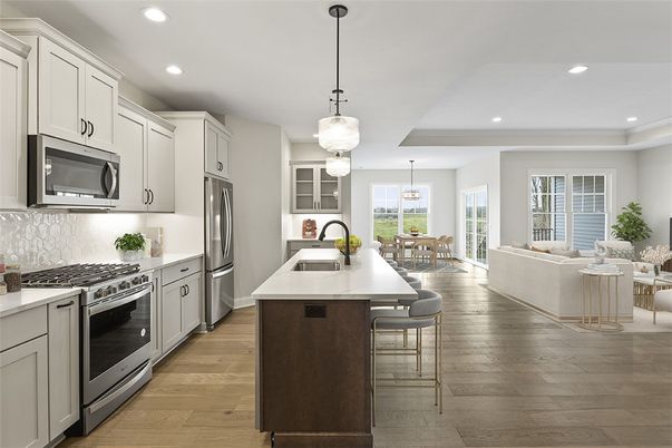 Dining room, Interior, Kitchen, Living room, Pendant Lights, Recessed Lighting, Stainless Steel Appliances, Wood Texture Flooring