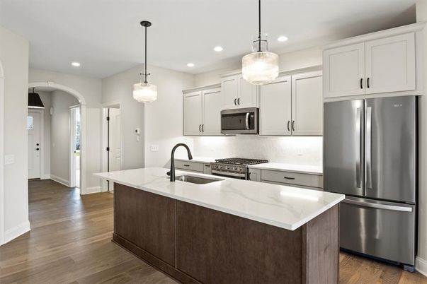 Interior, Kitchen, Pendant Lights, Recessed Lighting, Stainless Steel Appliances, Wood Texture Flooring