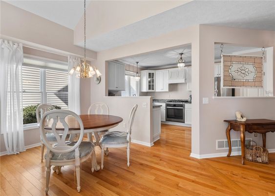 Dining room, Interior, Kitchen, Pendant Lights, Stainless Steel Appliances, Wood Texture Flooring