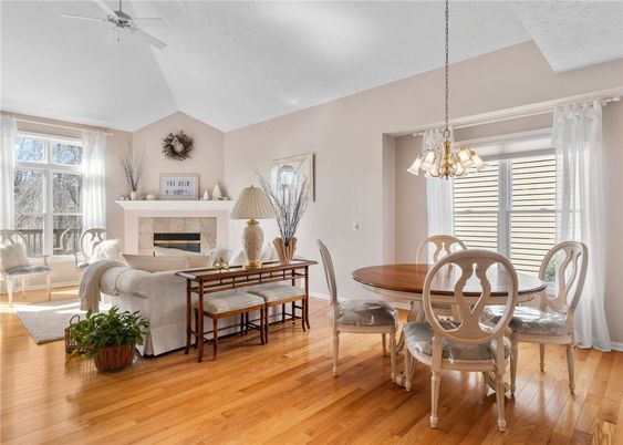 Dining room, Fireplace, Interior, Living room, Pendant Lights, Wood Texture Flooring