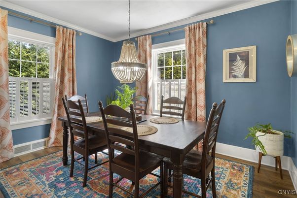 Dining room, Interior, Pendant Lights, Wood Texture Flooring