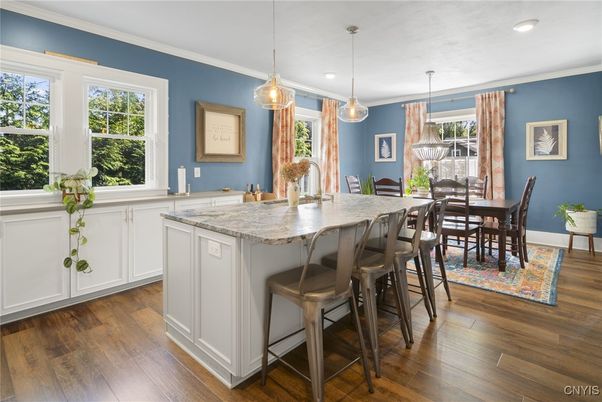 Dining room, Interior, Pendant Lights, Recessed Lighting, Wood Texture Flooring