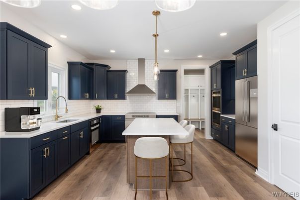 Interior, Kitchen, Pendant Lights, Recessed Lighting, Stainless Steel Appliances, Wood Texture Flooring