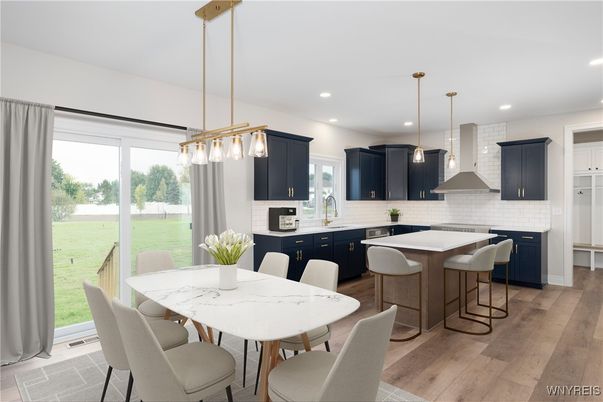Dining room, Interior, Kitchen, Pendant Lights, Recessed Lighting, Wood Texture Flooring