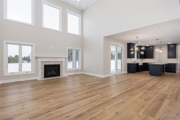 Fireplace, Interior, Kitchen, Pendant Lights, Wood Texture Flooring