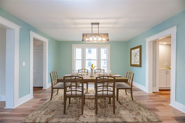 Dining room, Interior, Pendant Lights, Wood Texture Flooring