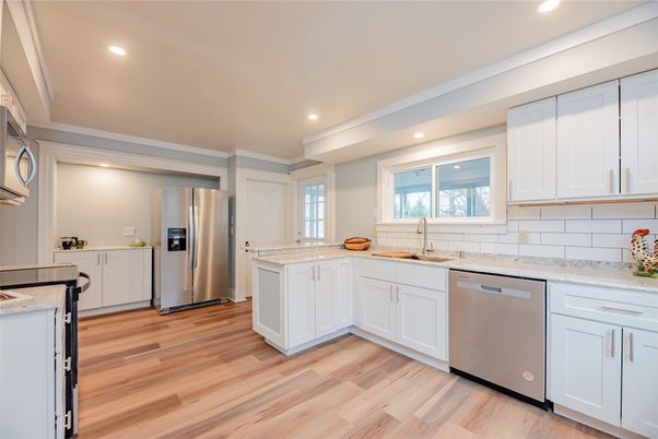 Interior, Kitchen, Recessed Lighting, Stainless Steel Appliances, Wood Texture Flooring