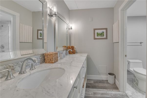 Bathroom, Dual Sink Vanities, Interior, Wood Texture Flooring