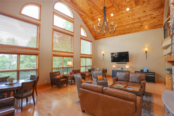 Chandelier, Dining room, Interior, Living room, Recessed Lighting, Wooden Beams, Wooden Ceilings, Wood Texture Flooring