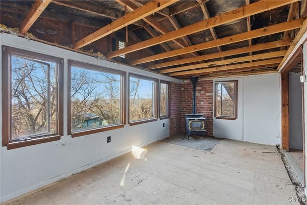 Empty room, Fireplace, Interior, Stone Walls, Wooden Beams