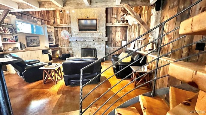 Fireplace, Interior, Living room, Stone Walls, Wood Texture Flooring, Wooden Walls