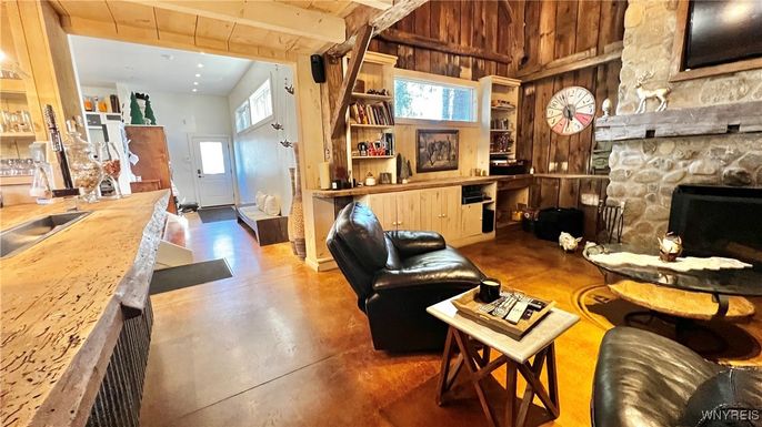 Fireplace, Interior, Living room, Recessed Lighting, Wooden Ceilings, Wooden Walls