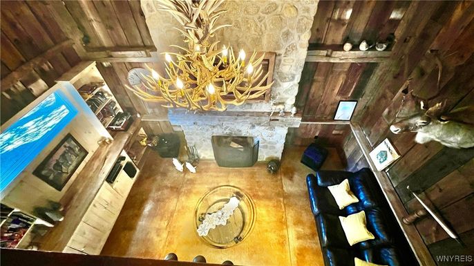 Chandelier, Fireplace, Interior