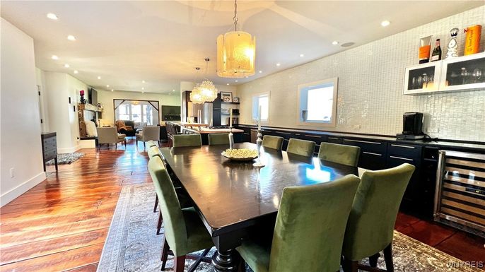 Chandelier, Dining room, Interior, Kitchen, Living room, Pendant Lights, Recessed Lighting, Wood Texture Flooring