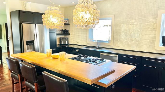 Chandelier, Interior, Kitchen, Recessed Lighting, Stainless Steel Appliances, Wood Texture Flooring