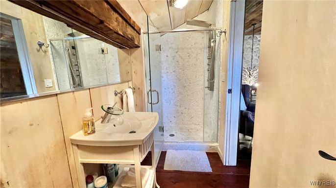 Bathroom, Glass Shower, Interior, Wood Texture Flooring