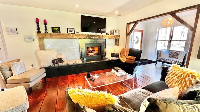 Fireplace, Interior, Living room, Recessed Lighting, Wood Texture Flooring