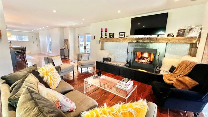 Fireplace, Interior, Living room, Recessed Lighting, Wood Texture Flooring