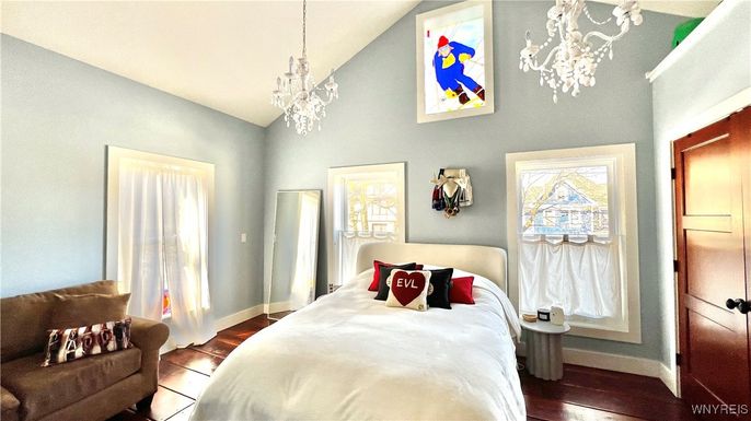 Bedroom, Chandelier, Interior, Wood Texture Flooring