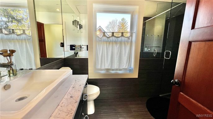 Bathroom, Glass Shower, Interior, Wood Texture Flooring