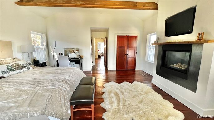 Bedroom, Fireplace, Interior, Wooden Beams, Wood Texture Flooring