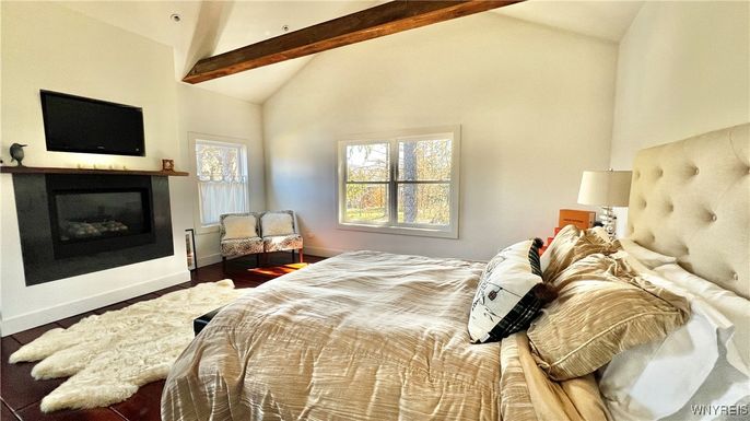 Bedroom, Fireplace, Interior, Wooden Beams, Wood Texture Flooring