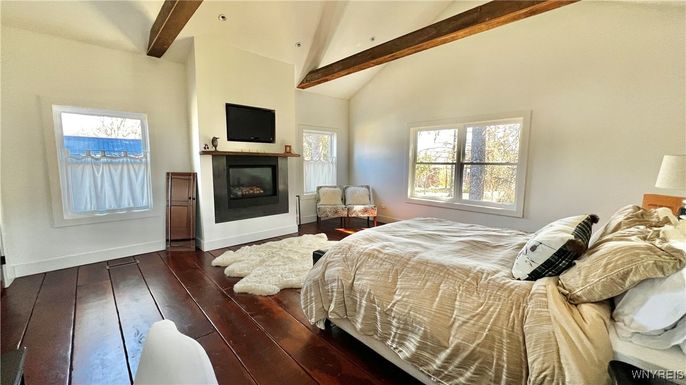 Bedroom, Fireplace, Interior, Wooden Beams, Wood Texture Flooring
