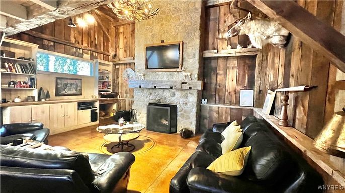Fireplace, Interior, Living room, Wooden Beams, Wooden Walls