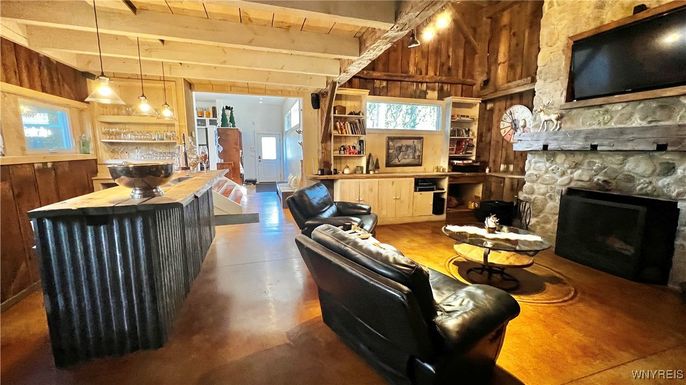 Fireplace, Interior, Kitchen, Living room, Pendant Lights, Wooden Beams, Wooden Walls