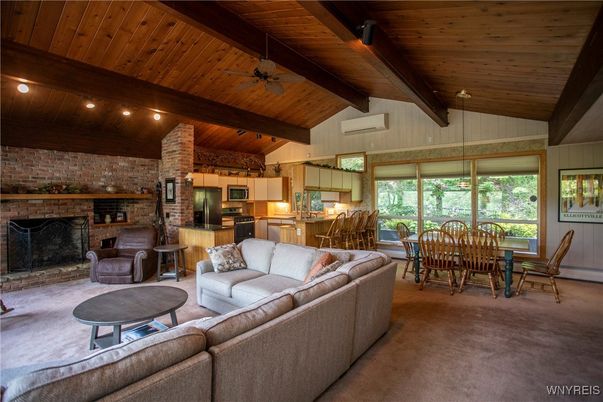 Dining room, Fireplace, Interior, Kitchen, Living room, Stainless Steel Appliances, Stone Walls, Wooden Beams, Wooden Ceilings