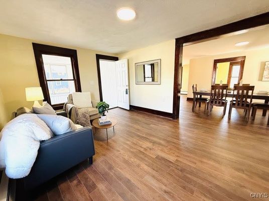 Dining room, Interior, Living room, Recessed Lighting, Wood Texture Flooring