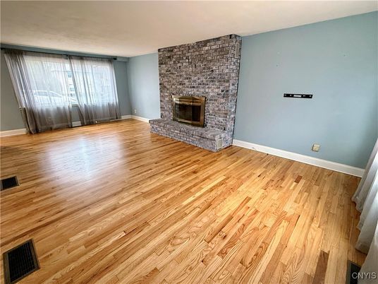 Empty room, Fireplace, Interior, Stone Walls, Wood Texture Flooring