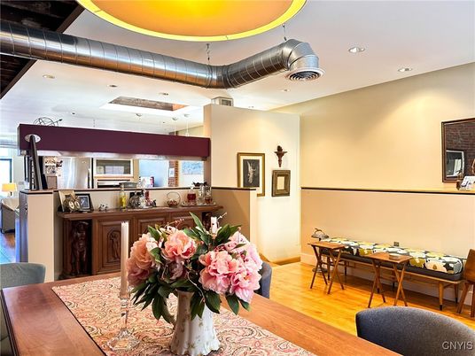 Dining room, Interior, Kitchen, Pendant Lights, Recessed Lighting, Wood Texture Flooring