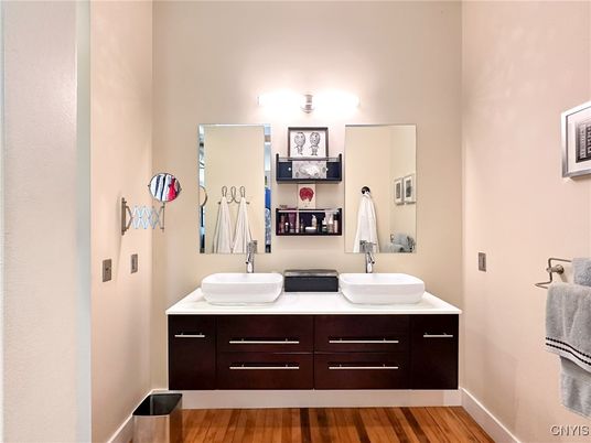 Bathroom, Dual Sink Vanities, Interior, Wood Texture Flooring