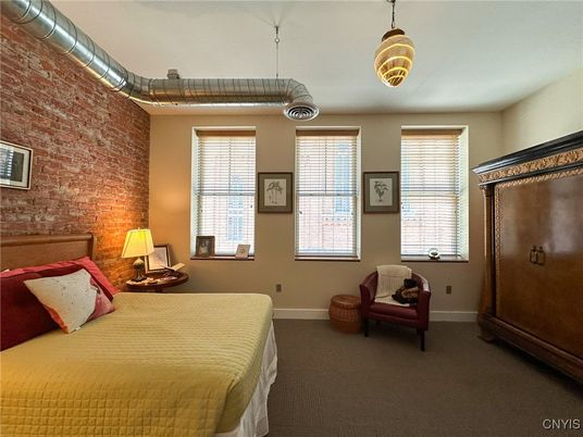 Bedroom, Interior, Pendant Lights, Stone Walls