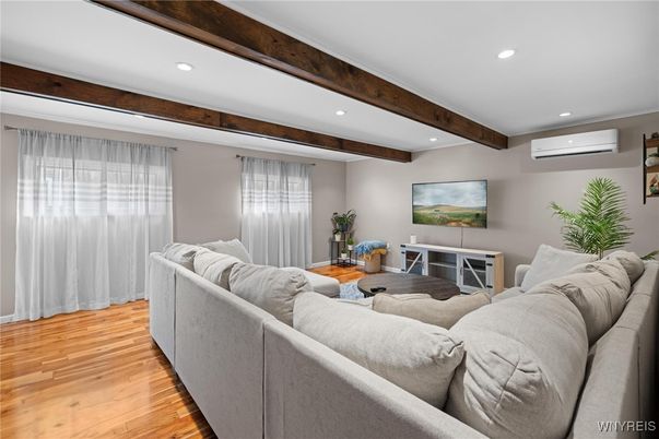 Interior, Living room, Recessed Lighting, Wooden Beams, Wood Texture Flooring