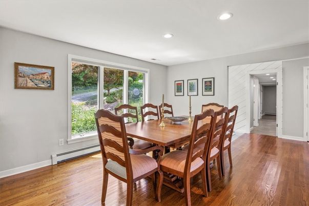 Dining room, Interior, Recessed Lighting, Wood Texture Flooring