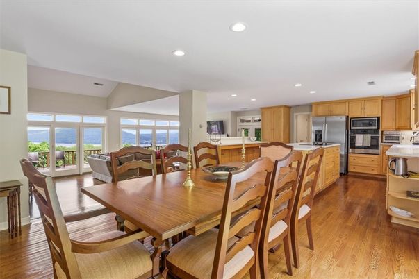 Dining room, Interior, Kitchen, Recessed Lighting, Stainless Steel Appliances, Wood Texture Flooring