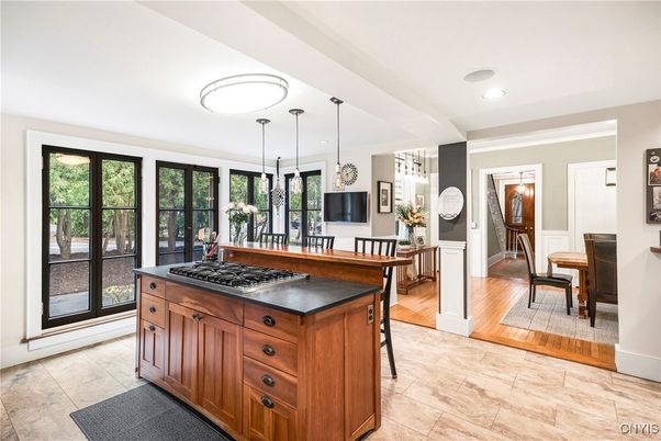 Dining room, Interior, Kitchen, Pendant Lights, Recessed Lighting, Wood Texture Flooring