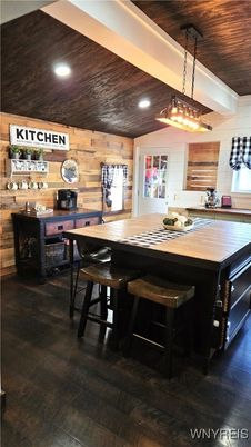 Dining room, Interior, Pendant Lights, Recessed Lighting, Wooden Ceilings, Wood Texture Flooring, Wooden Walls