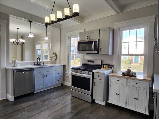 Chandelier, Interior, Kitchen, Pendant Lights, Stainless Steel Appliances, Wood Texture Flooring