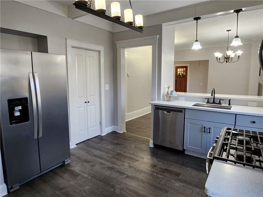 Interior, Kitchen, Pendant Lights, Stainless Steel Appliances, Wood Texture Flooring