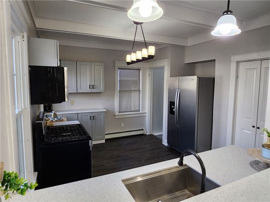 Interior, Kitchen, Pendant Lights, Stainless Steel Appliances, Wood Texture Flooring